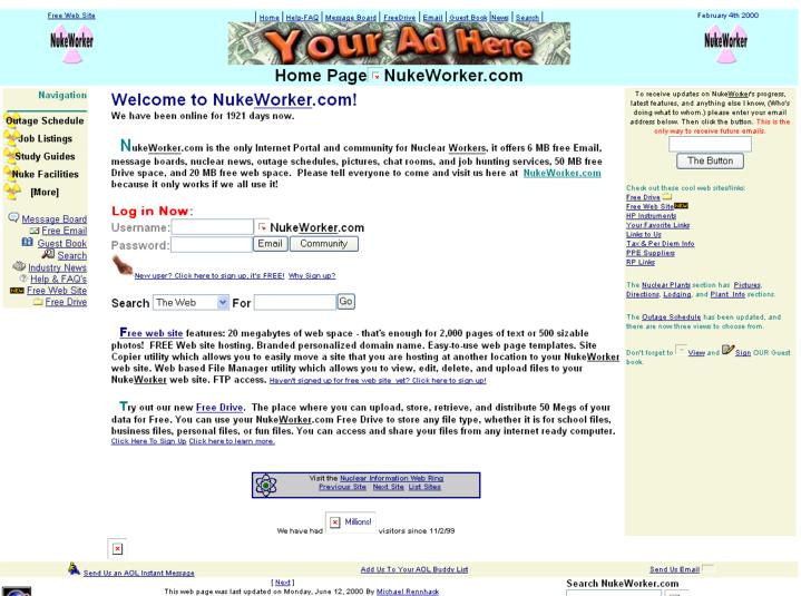 Feb 2000
This is a screen shot of NukeWorker.com in Feb 2000.  This is our second attempt at a site look and design.  We don't have any screen shots from 1999 at the moment, but it was UGLY.
Keywords: screen shot of NukeWorker.com in Feb 2000