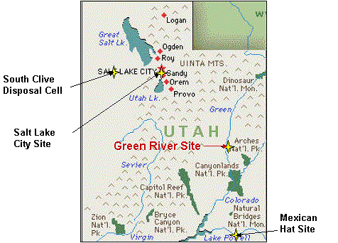 The Green River concentrator site is located in Grand County, Utah, and about one-half mile east of the Green River, one mile southeast of the City of Green River, Emery County, Utah
The Green River concentrator was built by Union Carbide Corporation (UCC) in early 1958 and was operated from March of that year to January 1961. The original site covered about 80 acres. The plant shipped uranium concentrate and carbon concentrate products by rail to the UCC uranium mill at Rifle, Colorado, for final processing. Feed to the Green River concentrator plant consisted of sandstone-type ore that contained between 0.27 and 0.30 percent U3O8. The ore was poorly cemented with clay and asphaltic materials, and part of the uranium was contained in the carbonaceous fraction. The carbonaceous fraction was recovered separately by screening and flotation of the ground ore. The flotation product was stockpiled for later treatment. (Removing the carbonaceous fraction was necessary to prevent problems in processing the Green River product at the Rifle, Colorado, mill.)
Keywords: UMTRA