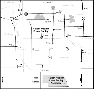 Hallam Map
The Hallam Nuclear Power Facility is located on a small portion of the 260-hectare (640-acre) site of the Sheldon Power Station in Lancaster County, Nebraska, approximately 30 kilometers (19 miles) south of Lincoln, Nebraska. 
Keywords: Hallam Nuclear Power Facility