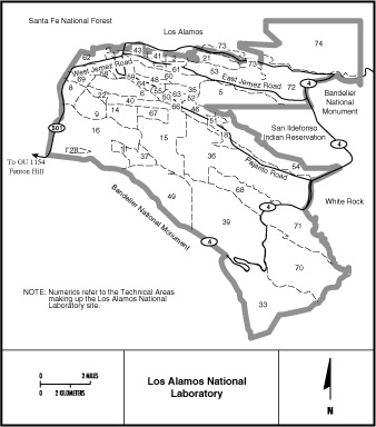 Los Alamos Map
Los Alamos National Laboratory (LANL) occupies approximately 43 square miles of DOE land situated on the Pajarito plateau in the Jemez mountains of northern New Mexico. The closest population centers are the cities of Los Alamos, population 12,000, and White Rock, population 8,000. The closest large metropolitan center is Santa Fe, population 50,000, 35 miles away. 
Keywords: Los Alamos National Laboratory (LANL)