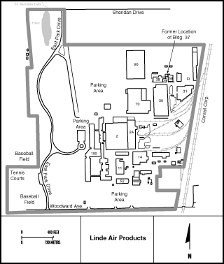 SITE MAP
The Linde Air Products Site is located in the Town of Tonawanda, New York, approximately five kilometers (three miles) northwest of Buffalo. The site was used for uranium processing for the Manhattan Engineer District and the Atomic Energy Commission (AEC), predecessor agencies for the US Department of Energy. Waste generated from the uranium processing was stored at the Ashland #1 site, Ashland #2 site and the Seaway Landfill. Radioactive contaminates were found to include uranium, radium and thorium. The site was part of the Formerly Utilized Sites Remedial Action Program (FUSRAP). The FUSRAP Program was transferred to the United States Army Corps of Engineers (USACE) in 1997, in accordance with the Energy and Water Development Appropriations Act for FY 1998. Cleanup responsibilities transferred at that time from DOE-EM to the USACE.
