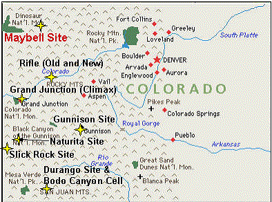 The Maybell uranium mill site is located 5 miles northeast of the town of Maybell in Moffat County, Colorado.
In November 1953, privately funded airborne radiometric surveying located anomalies over outcrops of fluvial sandstone strata of Miocene age near Maybell, Colorado. Only a few weeks earlier, radioactive outcrops had been located in similar strata near Baggs, Wyoming, during U.S. Geological Survey geological reconnaissance/radiometric surveying conducted for the U.S. Atomic Energy Commission (AEC). By March 1954, follow-up private airborne surveys, surface prospecting, and subsequent drilling had defined economic sandstone-type uranium deposits near Maybell. In August 1955, the AEC entered into a contract with the Trace Elements Corporation (TEC) for a uranium mill at Maybell, Colorado. TEC established a pilot-scale, ore-processing plant for test extractions and recovered 238 pounds of uranium concentrate, which the AEC purchased under the initial contract.
Keywords: MAybell UNTRA