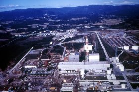 Fukushima Daiichi aerial view of plant buildings and hills